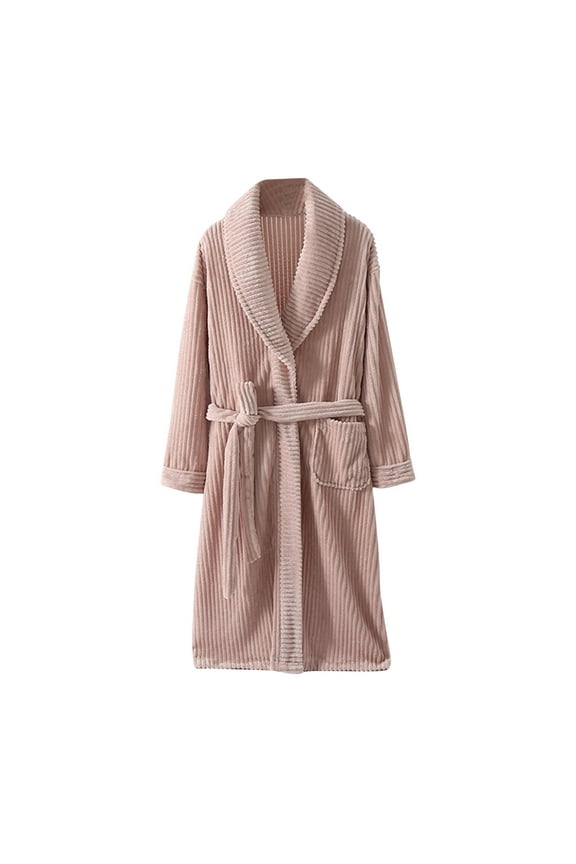 Flannel Robes for Women with Pocket Trenndy Shawl Collar Night Robe Fluzzy Soft Long Sleeve Bathrobe with Belt Comfortable Midi Loungewear Pink Free Size