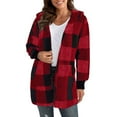 thumbnail image 1 of Oksale Fleece Check Jacket for Women with Pockets Winter Fuzzy Fleece Hooded Jackets Shacket Long Sleeve Open Front Coats Warm Soft Cozy Outerwear 2025 Red XXL, 1 of 3
