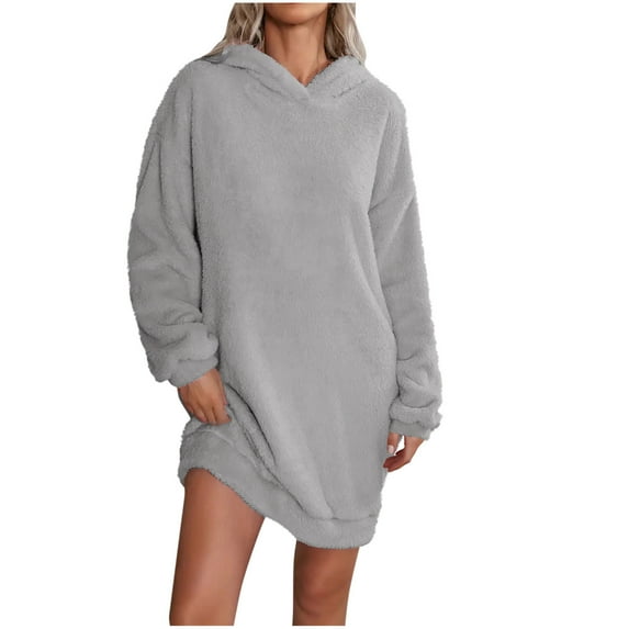 Oksale Fleece Hooded Nightgowns for Women Thicken Long Sleeve Nightdress Ultra Soft Mini Sleepwear Warm Winter Loungewear Gray L