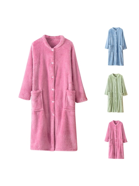 Fleece Housecoats for Women Snap Front with Pockets Soft Cozy Long Sleeve House Robes Warm Winter Mid Length Loungewear Blue