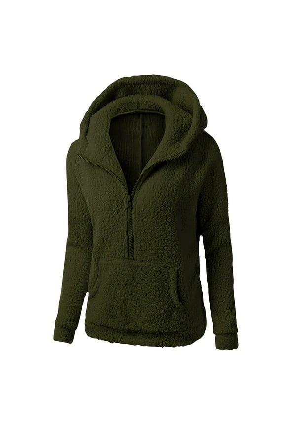 Fleece Jackets for Women Plus Size Half Zip Hooded Jacket Loose Long Sleeve Coat Solid Color Tops with Pockets Casual Warm Comfortable Jacket Hoodie 2025 Fashion Tops Army Green XXXL