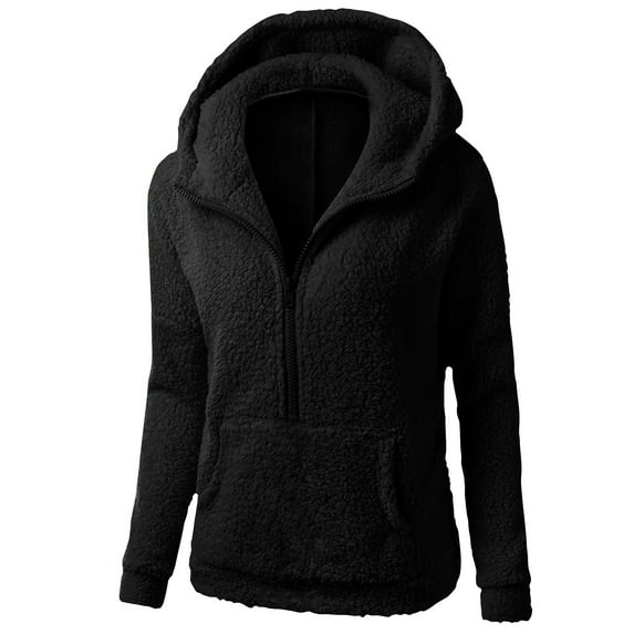 Oksale Fleece Jackets for Women Plus Size Half Zip Hooded Jacket Loose Long Sleeve Coat Solid Color Tops with Pockets Casual Warm Comfortable Jacket Hoodie 2025 Fashion Tops Black XXL