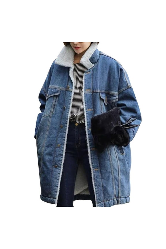 Fleece Lined Denim Jacket for Women Trendy Button Down Sherpa Jackets Casual Collared Coat with Pockets Warm Winter Overcoat 2025 Blue M