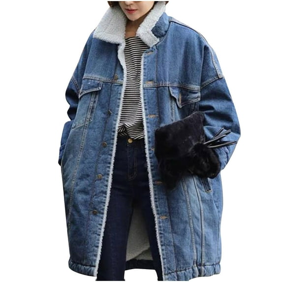 Oksale Fleece Lined Denim Jacket for Women Trendy Button Down Sherpa Jackets Casual Collared Coat with Pockets Warm Winter Overcoat 2025 Blue M