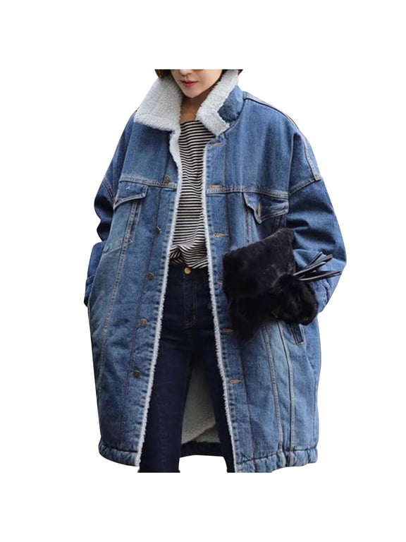 Fleece Lined Denim Jacket for Women Trendy Button Down Sherpa Jackets Casual Collared Coat with Pockets Warm Winter Overcoat 2025 Blue XL