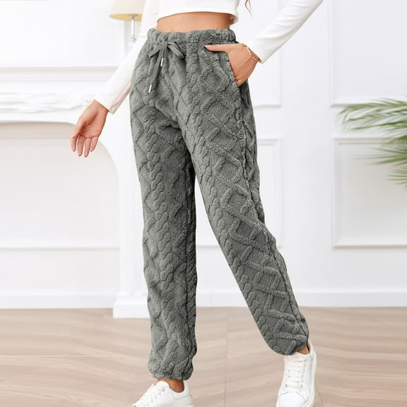 Oksale Fleece Lined Pajama Pants for Women Fuzzy Textured Pj Pants with Pockets Solid Color Long Sleepwear Soft Comfortable Trousers Elastic Drawstring Pajama Pants for Sleep 2025 Gray S