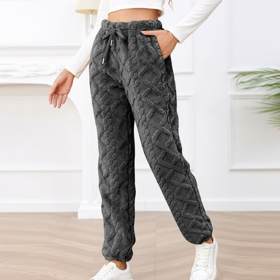Oksale Fleece Lined Pajama Pants for Women Fuzzy Textured Pj Pants with Pockets Solid Color Long Sleepwear Soft Comfortable Trousers Elastic Drawstring Pajama Pants for Sleep 2025 Dark Gray M