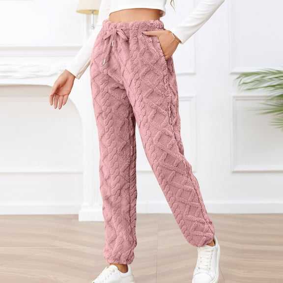 Oksale Fleece Lined Pajama Pants for Women Fuzzy Textured Pj Pants with Pockets Solid Color Long Sleepwear Soft Comfortable Trousers Elastic Drawstring Pajama Pants for Sleep 2025 Pink L