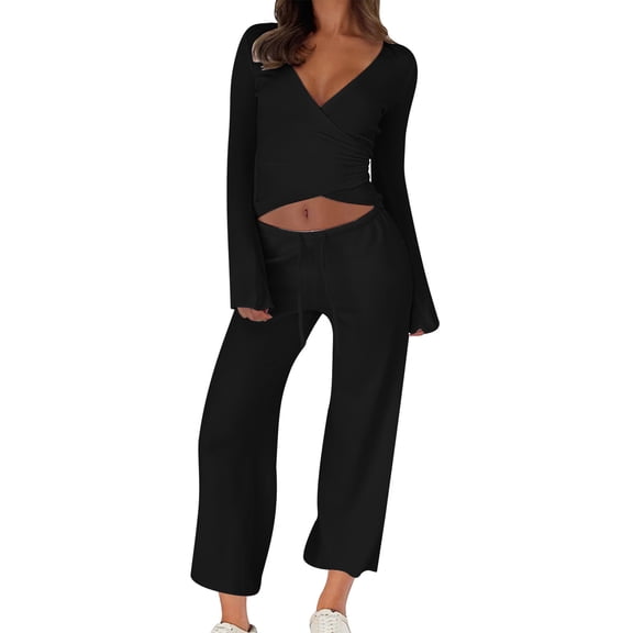 Oksale Fleece Lined Sweatsuits for Women Set 2 PC Crossover Wrap Sweatshirts Casual Loose Sweatpants Slim Fit Loungewear 2025 Black S