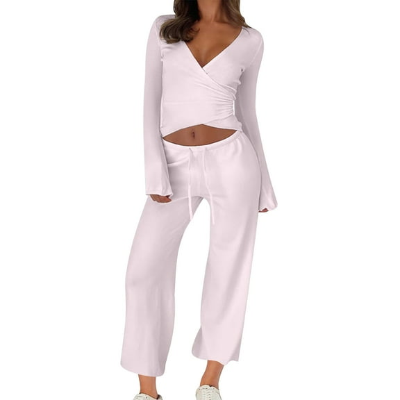 Oksale Fleece Lined Sweatsuits for Women Set 2 PC Crossover Wrap Sweatshirts Casual Loose Sweatpants Slim Fit Loungewear 2025 Pink L