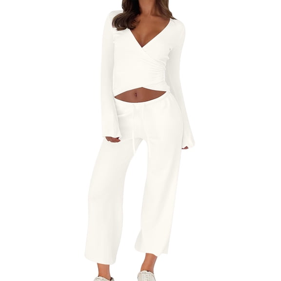 Oksale Fleece Lined Sweatsuits for Women Set 2 PC Crossover Wrap Sweatshirts Casual Loose Sweatpants Slim Fit Loungewear 2025 White L
