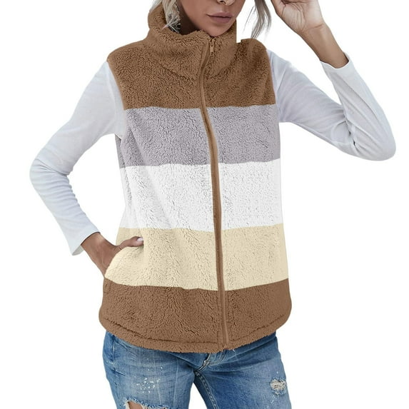 Oksale Fleece Vest for Women Fuzzy Color Block Zip Up Vest with Pockets Sleeveless Jackets Tank Jacket Soft Comfortable Coats Plus Size Winter Outwear Khaki XXXL