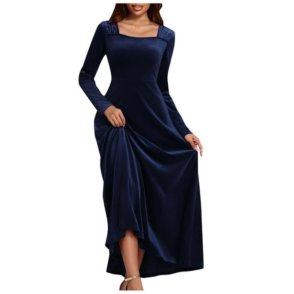 Oksale Floor Length Velvet Dresses for Women Trendy Square Neck Maxi Dress Vintage Long Sleeve Dresses Elegant Soft Party Dress for Wedding Guest Blue XL