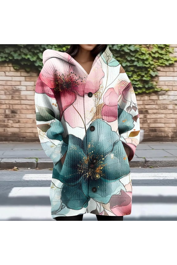 Floral Print Long Cardigan for Women Oversized Button Down Fall Sweaters with Hood Comfy Long Sleeve Knitting Jackets 2025 Multicolor M
