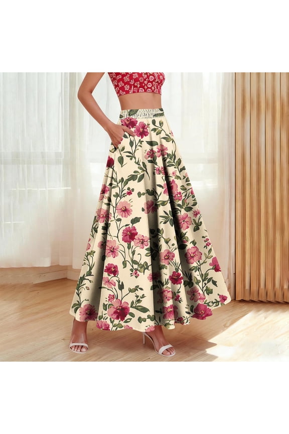 Floral Print Maxi Skirts for Women Pleated Elastic High Waisted Long Skirts with Pockets Vintage Boho Skirt Plus Size A Line Skirts Mint Green S