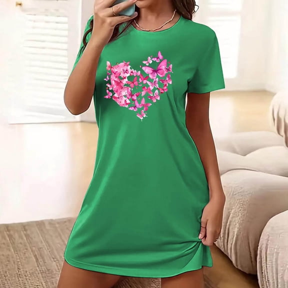 Oksale Flower Printed Mini Night Shirts for Women Loose Short Sleeve Sleep Dress Casual Crew Neck Night Gown Soft Lightweight Loungewear Green XL
