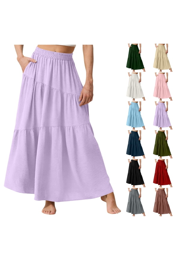 Flowy Maxi Skirts for Women Flowy A Line Skirt Elastic High Waisted Summer Skirts with Pockets Beige S