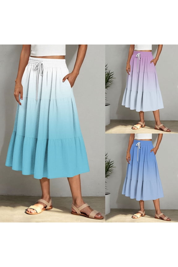 Flowy Midi Skirts for Women Trendy Gradient Summer Skirts with Pockets Elastic Drawstring High Waisted Boho Skirt Blue S