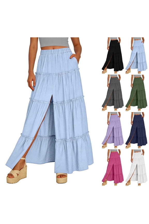 Flowy Skirts for Women Casual Cozy Tiered Ruffle Maxi Skirt Trendy Front Splited Beach Skirts with Pockets Hot Pink S