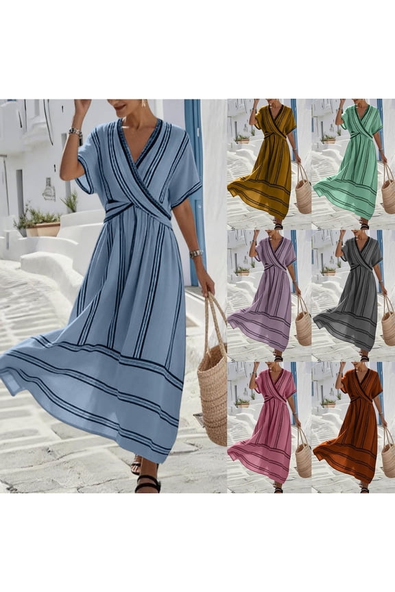 Flowy Wrap Dress for Women Plus Size Striped Print Boho Dresses Casual Comfy Summer Maxi Dress for Travel Blue 2XL