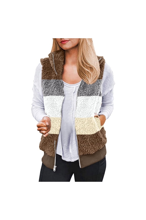 Fluffy Fleece Vest for Women Plus Size Color Block Vests Full Zip Tank Jackets with Pockets Sleeveless Jacket Soft Cozy Fall Fashion Coat Outerwear Brown M
