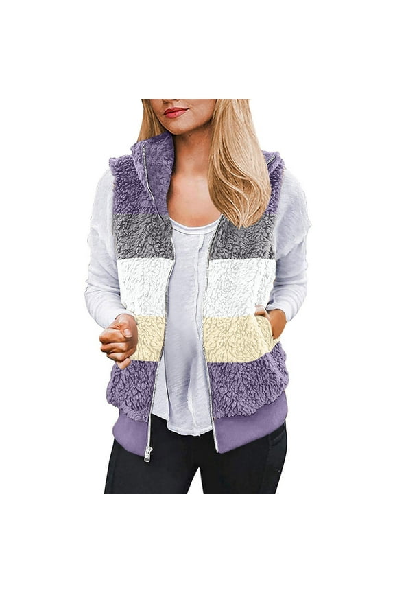Fluffy Fleece Vest for Women Plus Size Color Block Vests Full Zip Tank Jackets with Pockets Sleeveless Jacket Soft Cozy Fall Fashion Coat Outerwear Purple M