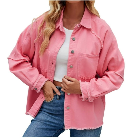 Oksale Frayed Denim Jacket for Women 2025 Button Down Lapel Jean Jackets Classic Fit Fall Jacket with Pockets Long Sleeve Jackets Pink S