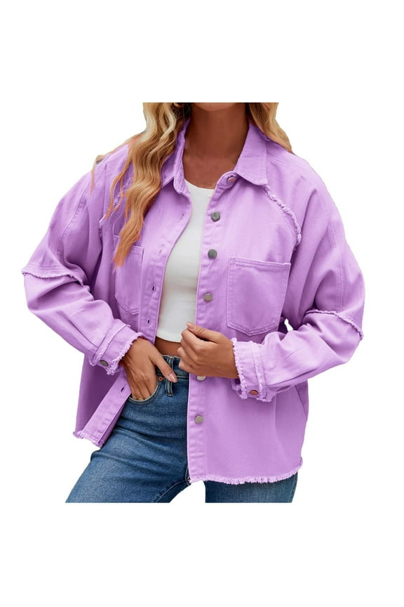 Frayed Denim Jacket for Women 2025 Button Down Lapel Jean Jackets Classic Fit Fall Jacket with Pockets Long Sleeve Jackets Purple S