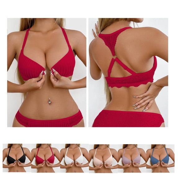 Oksale Front Closure Bras for Women Trendy Cross Back Plunge Bra Lightweight Cozy Push Up Bra Red XL