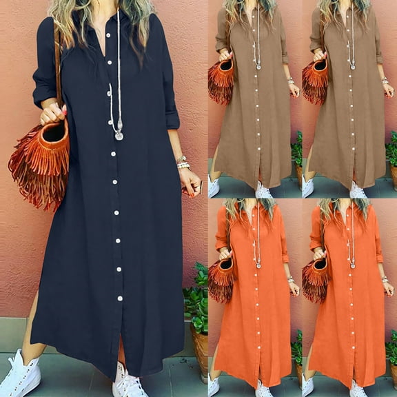 Oksale Full Length Cotton Linen Dresses for Women Trendy Button Down Jacket Dress Sid Split Dress Loose Long Sleeve Soft Lightweight Fall Dresses Orange S