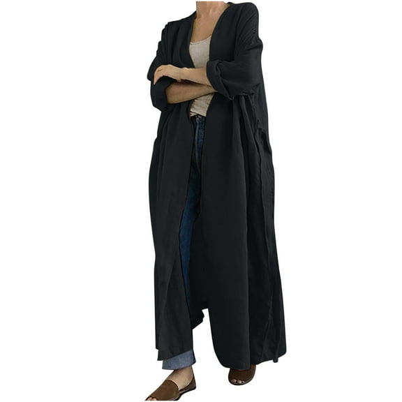 Oksale Full Length Cotton Trench Coat for Women Loose Belted Overcoats Full Length Jackets with Pockets Soft Comfy Open Front Outfits for Outside Black L