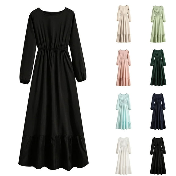 Oksale Full Length Dress for Women Flowy Wasit Dresses Casual Crewneck Solid Color Dress Cozy Loose Long Sleeve Dresses Army Green XL