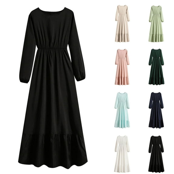 Oksale Full Length Dress for Women Flowy Wasit Dresses Casual Crewneck Solid Color Dress Cozy Loose Long Sleeve Dresses Black M