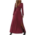 thumbnail image 1 of Oksale Full Length Dresses for Women Trendy Side Split Maxi Dress Deep V Neck Dress Loose Long Sleeve Dresses Solid Color Slim Fit Fall Dress for Holiday Party Wine L, 1 of 8