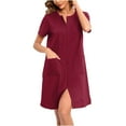 thumbnail image 1 of Oksale Full Zip Mini Sleep Shirt for Women wuth Pockets Trendy Splitted Loungewear Casual Short Sleeve Sleepwear Wine S, 1 of 8