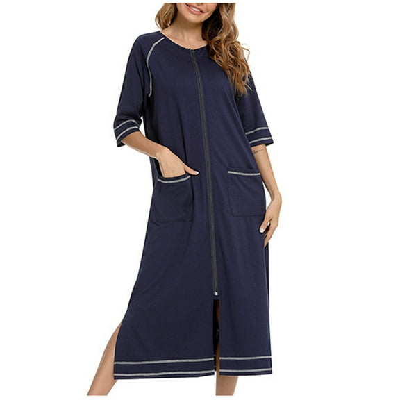 Oksale Full Zip Striped Nightgown for Women with Pockets Loose 3/4 Sleeve Sleep Dress Trendy Split Midi Nightgowns Casual crewneck Pajama Robe Navy S