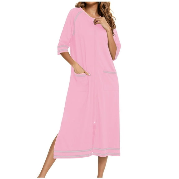 Oksale Full Zip Striped Nightgown for Women with Pockets Loose 3/4 Sleeve Sleep Dress Trendy Split Midi Nightgowns Casual crewneck Pajama Robe Pink M