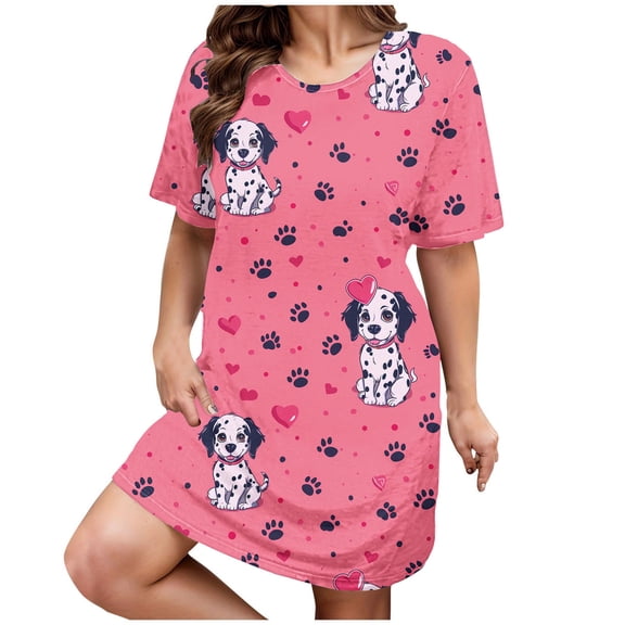 Oksale Funny Graphic Mini Night Gowns for Women Plus Size Comfy Short Sleeve Pajama Dress Trendy Round Neck Loungewear Loose Fit Sleep Dresses for Home Pink XXXL