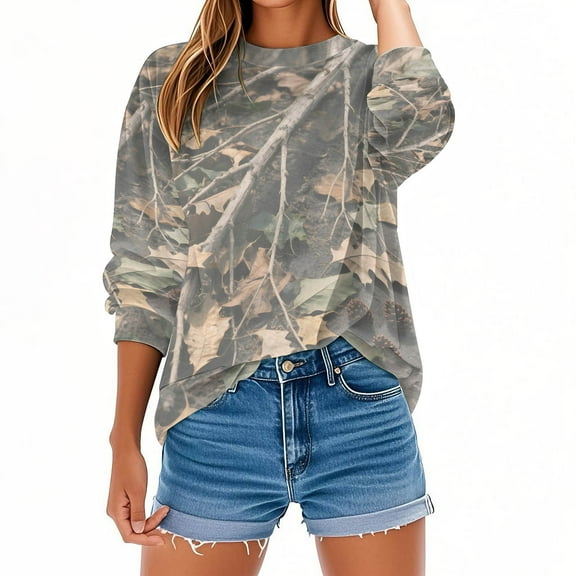 Oksale Funny Leaves Graphic Camo Sweatshirts Plus Size Crew Neck Winter Tops Loose Long Sleeve Fall Shirts Soft Cozy Pullover Gray S