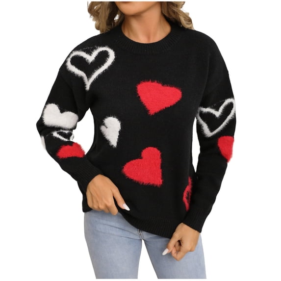 Oksale Funny Love Hearts Graphic Sweaters for Women Casual Crew Neck Knit Sweater Soft Long Sleeve Pullover 2025 Black M