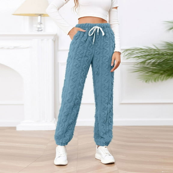 Oksale Fuzzy Flannel Pajama Pants for Women Fleece Lined Sleepwear with Pockets Cinch Bottom Pajama Pants Soft Sleep Trousers Warm Comfy Loungewear Pants 2025 Blue S