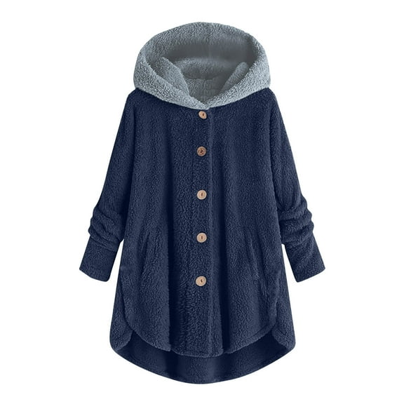Oksale Fuzzy Fleece Jackets for Women Trendy Curved Hem Jacket Hoodie Plus Size Sherpa Button Down Coats Soft Warm Cardigan Winter Tops 2025 Dark Blue XXXXXL