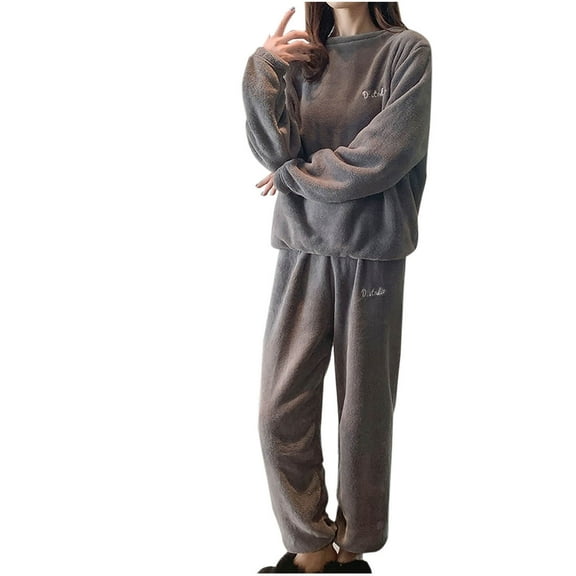 Oksale Fuzzy Fleece Sweatsuits for Women 2 PC Pajama Set Soft Cozy Crewneck Sweatshirts Baggy Sweatpants Warm Winter Loungewear 2025 Gray Free Size