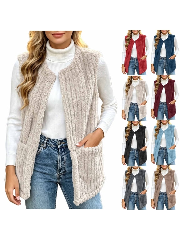 Fuzzy Fleece Vest Women with Pockets Cozy Sleeveless Sherpa Jackets No Hood Loose Soft Outerwear Vest Warm Winter Clothes 2026 Wine L