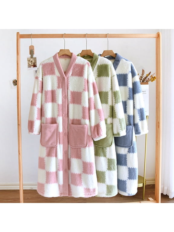 Fuzzy House Robes for Women with Snaps Soft Cozy Long Sleeve Plaid Fleece Bathrobes with Pockets Casual Button Down Warm Winter Robes 2026 Blue