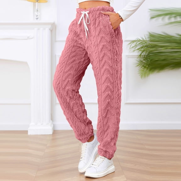 Oksale Fuzzy Pajama Pants for Women with Pockets Fleece Lined Sleepwear Pants Ultra Soft Lounge Pants Elastic Waist Drawstring Pj Pants Solid Color Long Pants 2025 Pink S