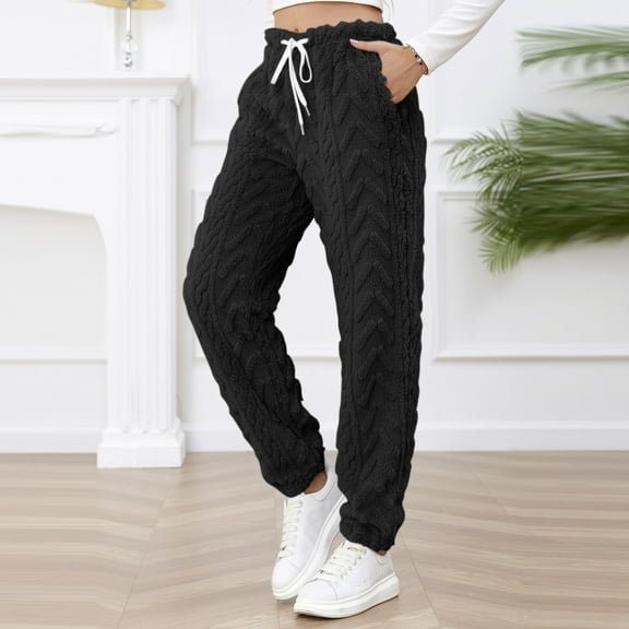 Oksale Fuzzy Pajama Pants for Women with Pockets Fleece Lined Sleepwear Pants Ultra Soft Lounge Pants Elastic Waist Drawstring Pj Pants Solid Color Long Pants 2025 Black M