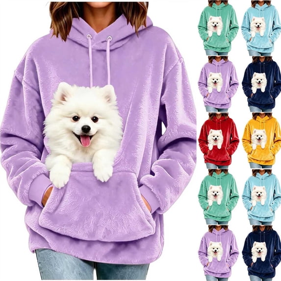 Oksale Fuzzy Pet Pouch Hoodie Women with Kangaroo Carrier Soft Cozy Long Sleeve Pullover Tops Fall Winter Warm Hooded Sweatshirts 2026 Green XL