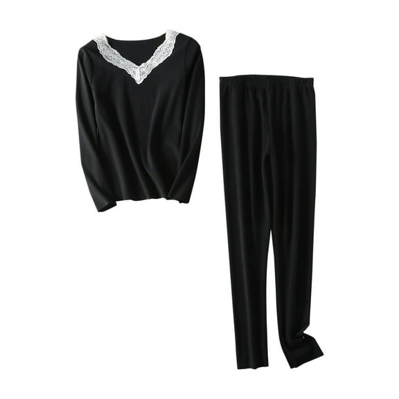 Oksale Fuzzy Sweatsuits Set Women Plus Size Set 2 Piece Trendy Lace Neck Shirts Loose Cozy Long Pants Warm Winter Outfits Black L