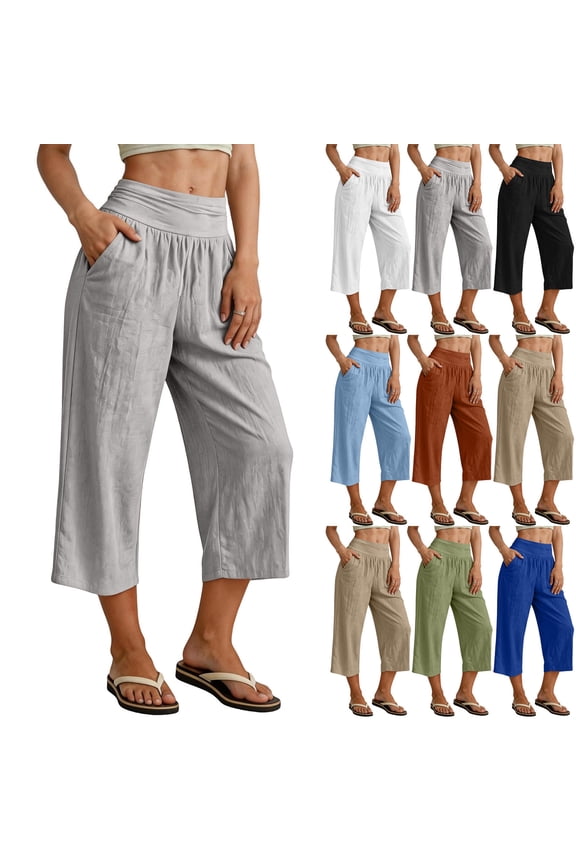 Gaucho Pants for Women with Pockets Lightweight Cozy Capri Gauze Pants Stretch High Waisted Plus Size Capris Blue 2XL